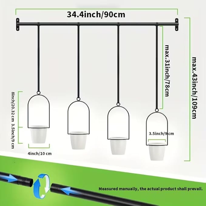 Metal Adjustable Hanging Flower Pots Set with 4 Plastic Pots, Indoor and Outdoor Wall Plant Hanger with Nylon Rope for Windows and Ceiling Herb Garden, 41.4-48 Inches, White and Black