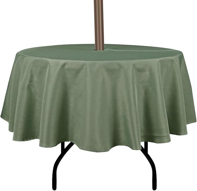 Outdoor Tablecloth Wrinkle-Free Stain Resistant Waterproof Polyester Fabric Table Cover with Zipper Umbrella Hole for Picnic/Party/Dinner/Patio Garden(70inch Round,Zippered,Sage Green)