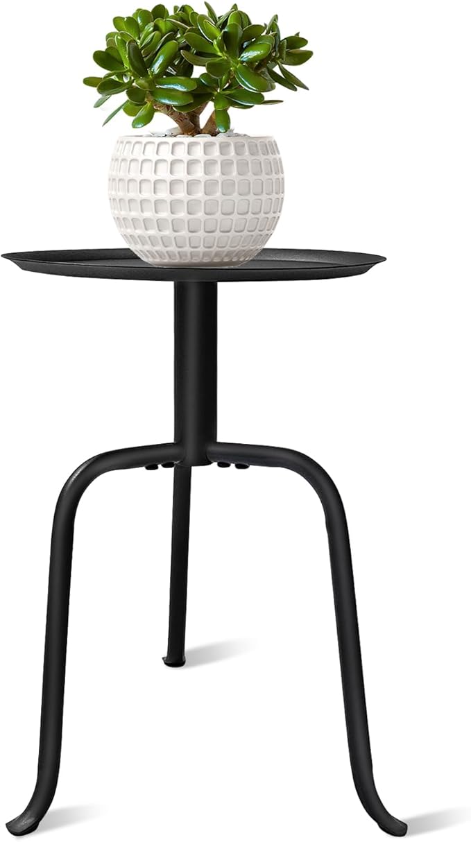 Plant Stand Indoor Outdoor, 11'' Round Black Mid Century Single Plant Table, 3-Leg Small Metal Plant Holders Flower Pot Stand, Modern Round Small Side End Table with Raised Design