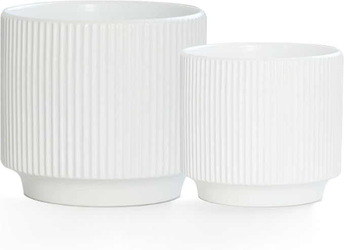 Ceramic 4.9+6.3 inch Planters, Modern Home and Office Flowerpot, Indoor and Outdoor Flowerpot with Drainage Hole (White)