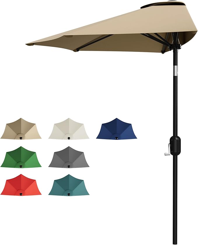 Garvee Patio Umbrella 9FT - Half Umbrella Outdoor with Smooth Crank Lift, Outdoor Shade Canopy for Patio, Backyard, Garden, Deck, Balcony -Tan