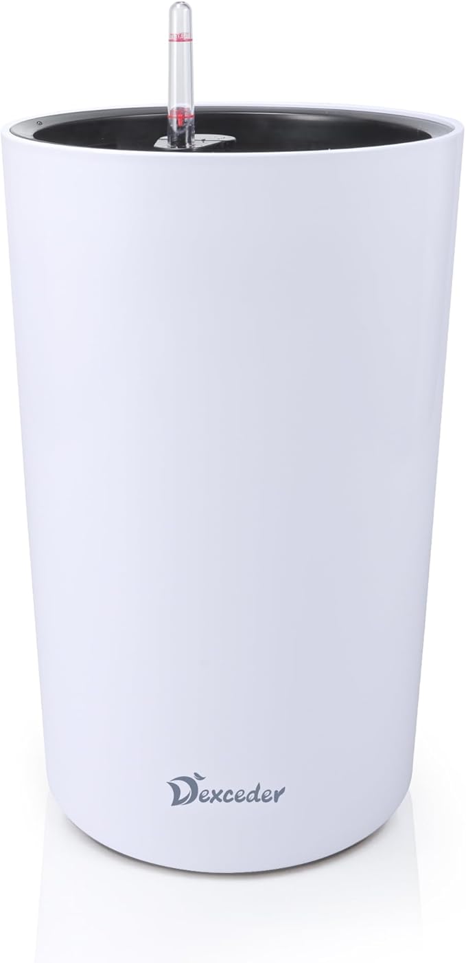 Dexceder 16x12 Tall Self Watering Planter High Cylinder Indoor Outdoor, Thickened Large Floor Standing Flower Plant Pot with Water Level Indicator (White Matte)