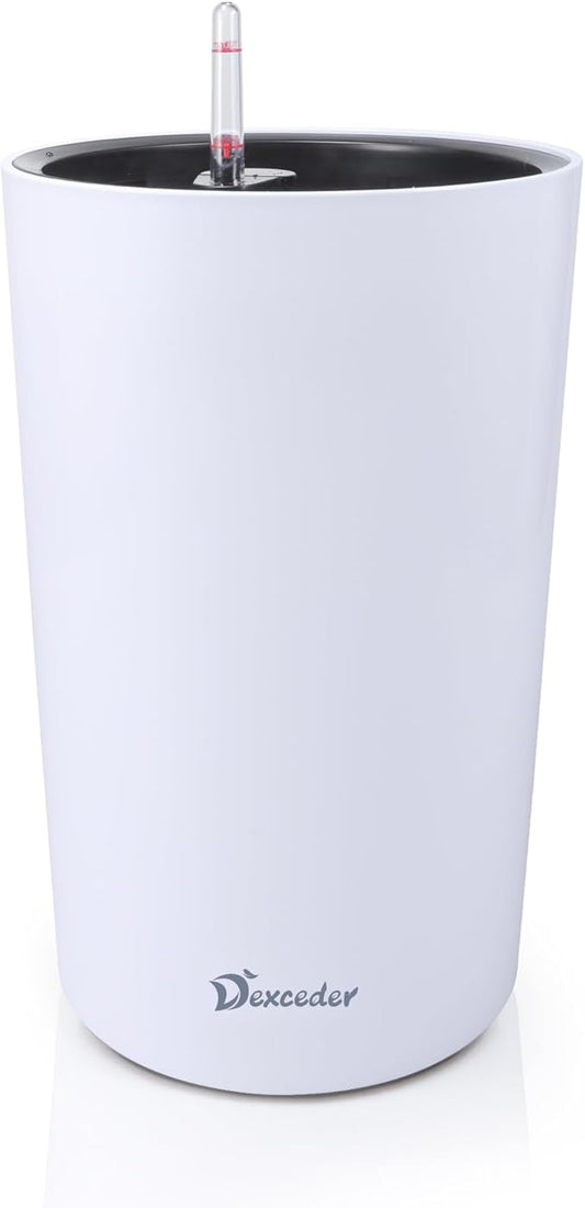 Dexceder 16x12 Tall Self Watering Planter High Cylinder Indoor Outdoor, Thickened Large Floor Standing Flower Plant Pot with Water Level Indicator (White Matte)