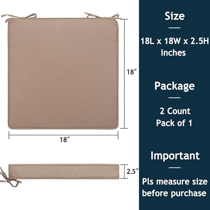 Magpie Fabrics Square Corner Seat Cushion, 18" x 18" x 2.5", 2 Pack, Indoor/Outdoor Waterproof Weather Resistant Universal Chair Pads for Patio Garden Dining - Khaki