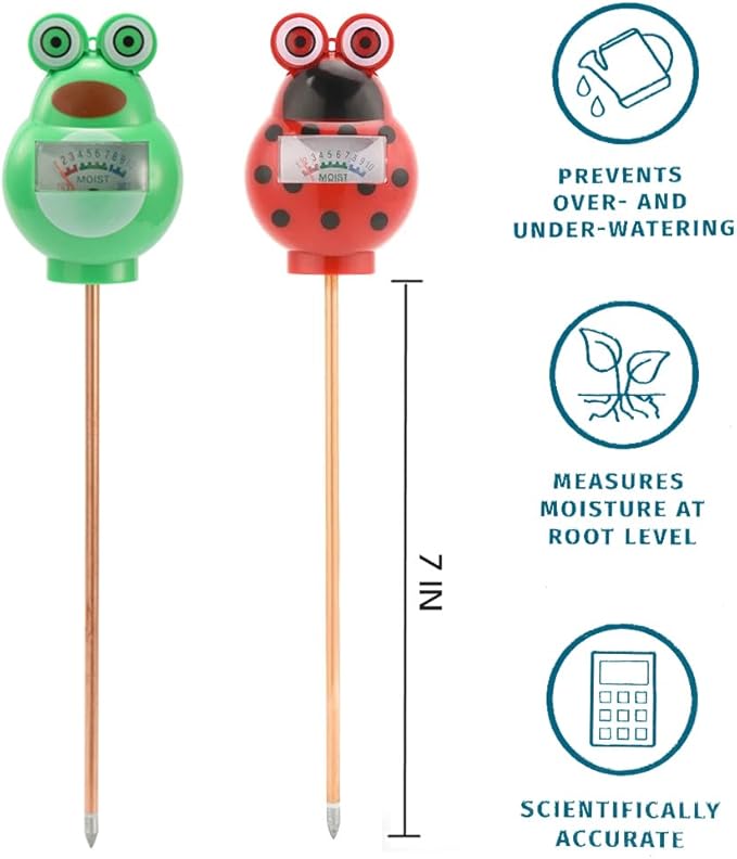 Cute Critter Soil Meter Indoor/Outdoor Moisture Sensor Frog & Ladybug, Soil Water Monitor, Flowers, Plant Care Home Garden (2 Pack)