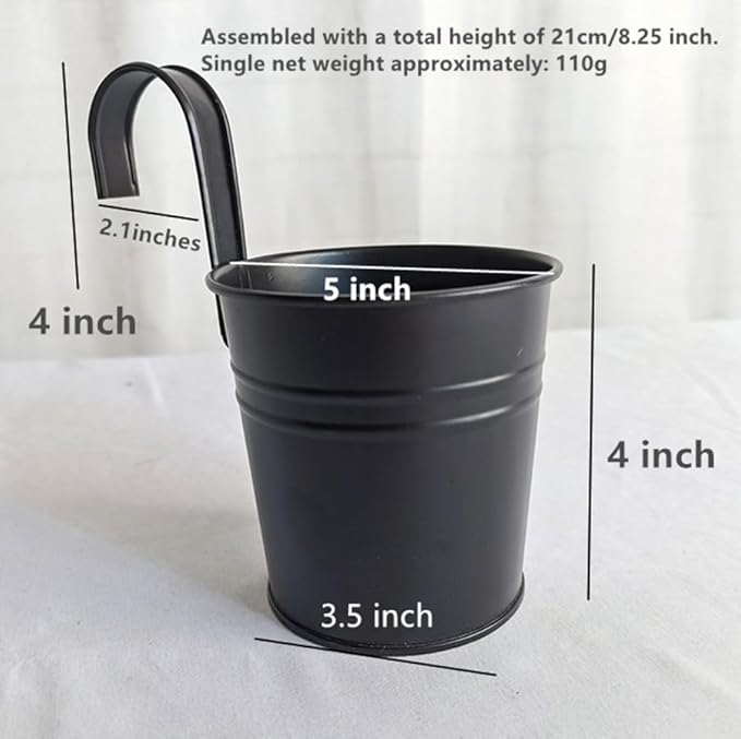 Vintage Hanging Cup Holders with Removable Hooks -5 Pack Metal Iron Buckets Hanging Flower Pots Wall Fence Hanging Planter-Storage Box, Drainage Holes -5''Diameter Vase Decoration (Deep Purple)