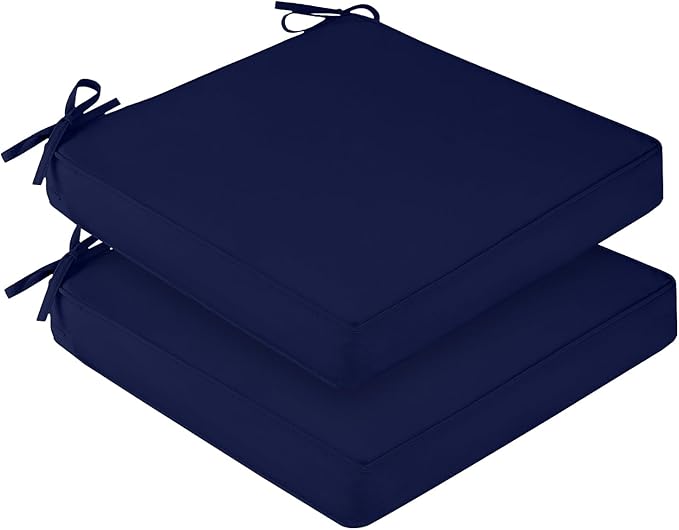downluxe Waterproof Outdoor Chair Cushions Set of 2, 19" x 19" x 3" Patio Chair Cushion with Non-Slip Ties & Handle, Square Outdoor Cushion for Patio Furniture with Removable Cover, Navy