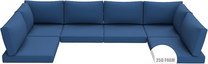 14 Pieces Replacement Patio Cushion for Outdoor Sectional Furniture, Waterproof Outdoor Cushion for 6-Seat Wicker Patio Sofa Sets, 3.2'' Thick with 25D Foam (Blue, 25.2x25.2 Inches)