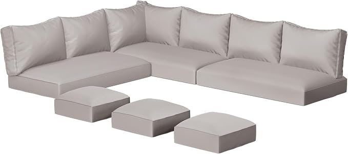 U-MAX Outdoor Cushions, 4 inch Memory Foam Patio Replacement for Outdoor Furniture, Fits 7-Seats Sectional Rattan Conversation Set, Splashproof Covers (Light Grey)