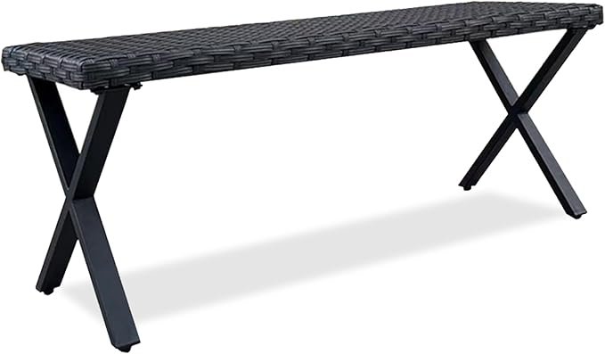 Outdoor Rattan Backless Bench Weatherproof Patio Bench with Seat and X-Shaped Legs, All-Weather Garden Bench for Porch, Patio, Lawn and Backyard, Black