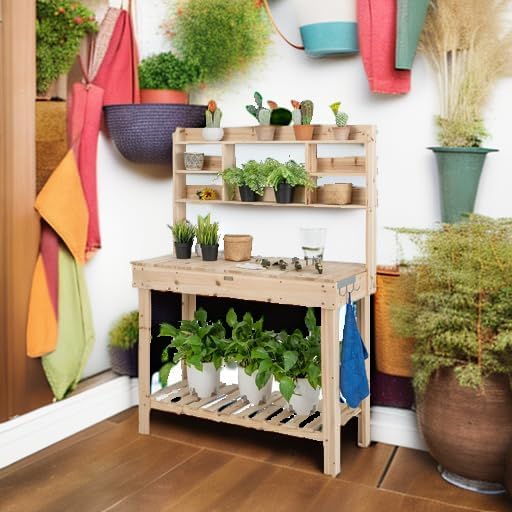 Giantex Garden Potting Bench Table, Large Workbench Table with Shelves, Openable Tabletop Hidden Storage Cabinet, 3 Hooks, Outdoor Wooden Workstation for Patio Garden Garage, 43.5"x19.5"x 60.5"