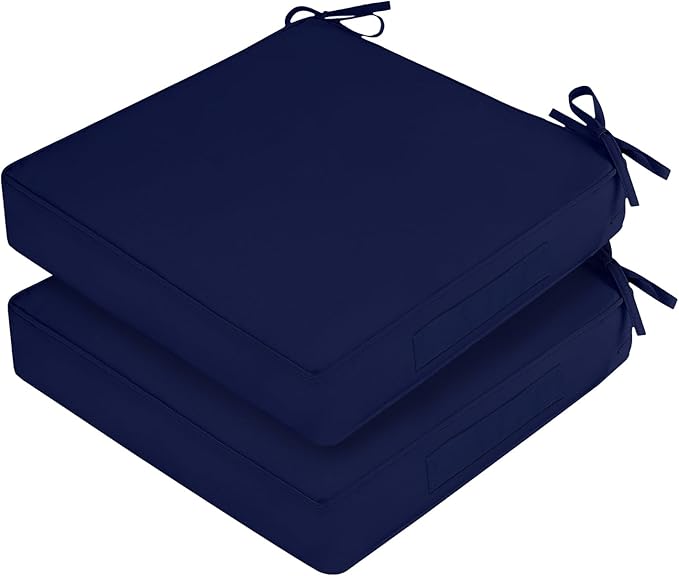 Waterproof Outdoor Chair Cushions Set of 2, Square Outdoor Seat Cushions with Ties and Removable Covers, 19 x 19 Outdoor Cushions for Patio Furniture with Portable Handle(Navy)