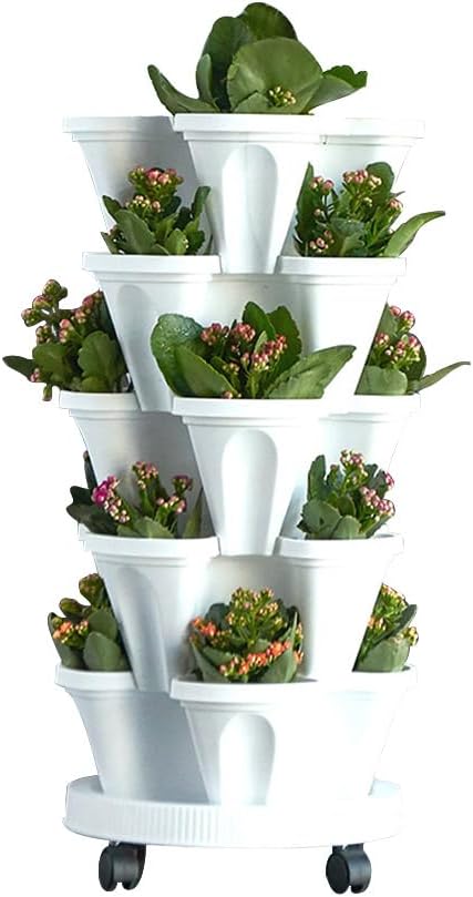 Vertical Planter 5 Tiered,Stackable Planters for Strawberry Herb Flower and Vegetable Stacking Garden Tower Gardening Pots with Removable Wheels and Bottom Indoor Outdoor