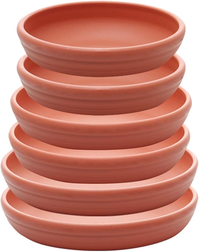 SAROSORA Round Plastic Plant Saucer Drip Tray Set of 6 for Indoor Outdoor Home Garden Flower Plant Container Flower Pot Pallets ((5.8''+7"+8'') x2, Terracotta)