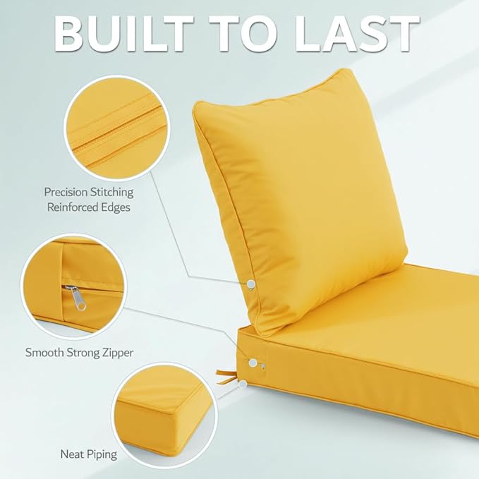 22x22 Inch Patio Chair Cushions Set of 2, Outdoor Furniture Cushions - Removable Cover, Water-Repellent, Fade-Resistant, Non-Slip Bottom & Straps, Replacement for Lawn, Porch & Deck Chair - Yellow