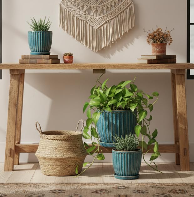 5 + 6 Inch Ceramic Plant Pots with Drain Hole & Saucer, Flower Pots for Indoor/Outdoor Plants - Succulent, Snake Plant, Money Tree, Aloe Vera, Basil Planter, Glaze Blue