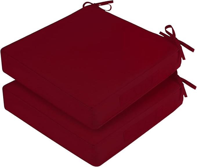 Waterproof Outdoor Chair Cushions Set of 2, Square Outdoor Seat Cushions with Ties and Removable Covers, 19 x 19 Outdoor Cushions for Patio Furniture with Portable Handle(Burgundy)