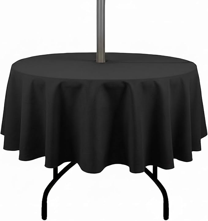 Outdoor Tablecloth Wrinkle-Free Stain Resistant Waterproof Polyester Fabric Table Cover with Zipper Umbrella Hole for Picnic/Party/Dinner/Patio Garden(60inch Round,Zippered,Black)