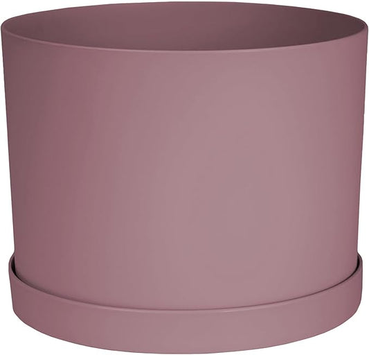 Bloem Mathers 8" Dusty Rose Round Modern Resin Garden Planter Pot with Drainage Holes and Removable Saucer Tray Included