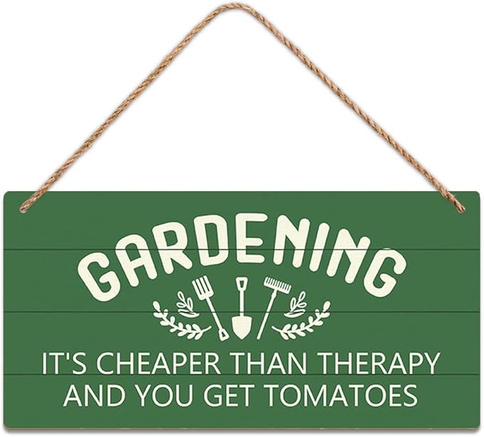 Garden Sign Decor, Gardening It'S Cheaper Than Therapy And You Get Tomatoes, Funny Outdoor Decorative For Garden Backyard Patio Farmhouse, Potting Shed Personalized Wooden Hanging Plaque 5"X 10"