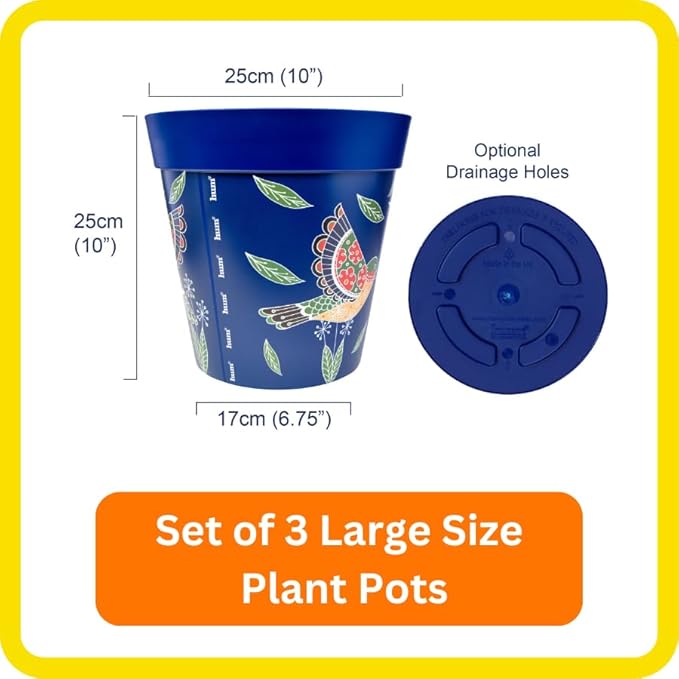 Hum Flowerpots, 10 inch Set of 3, Various Patterns Colors and Sizes, Indoor/Outdoor Plastic Plant Pots (Blue Hummingbirds)