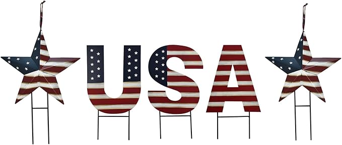 4th of July Metal Yard Sign set of 5, Patriotic Barn Star Hanging Ornament with Stake American Flag USA Letter Garden Lawn Sign Independence Day Memorial Day Outdoor Decorations
