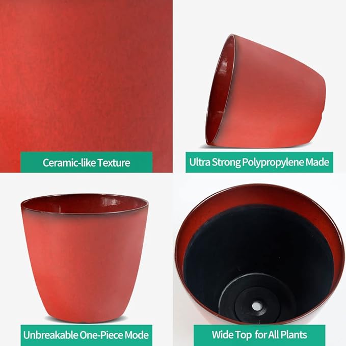 2 Pack Plant Pots Durable Decorative Flower Pots,8 Inch Planter with Drainage Hole + 6 Inch Planter Set for Indoor and Outdoor Plants,Flowers,Succulents - Red