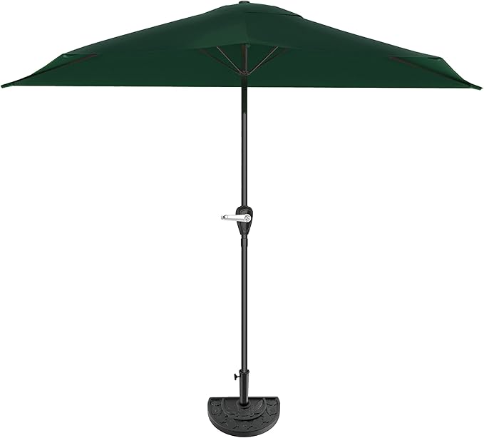 9-Ft Half Patio Umbrella Easy Crank Semicircle Balcony Shade with 20lb Weighted Base for Deck, Porch, or Against a Wall by Pure Garden (Hunter Green)