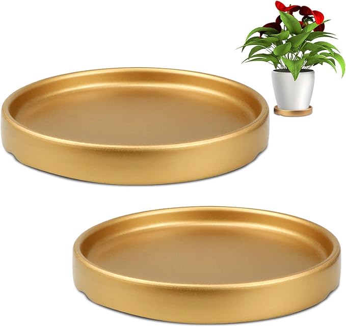 2Pcs Round 6 Inch Ceramic Plant Saucer Drip Tray for Indoor Flower Pots Home Garden Outdoor Flower Plant Pot,Gold Saucers