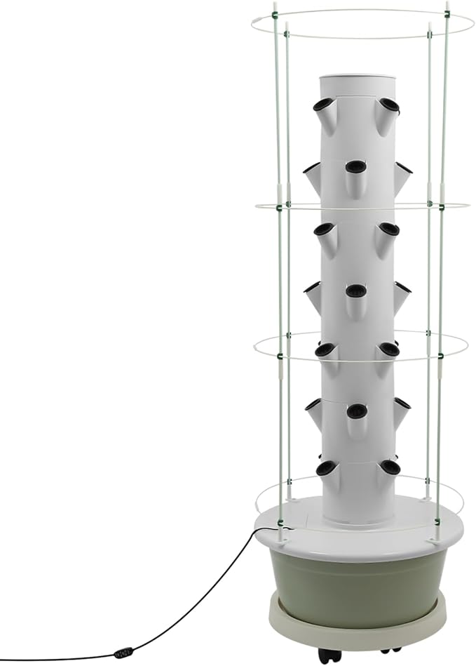 Hydroponic Growing System Kit, Vertical Hydroponic Tower with Climbing Trellis, Indoor & Outdoor Herb Garden, Vegetable Tower with 28 Planting Pods for Tomatoes,Strawberries (White and Light Green)