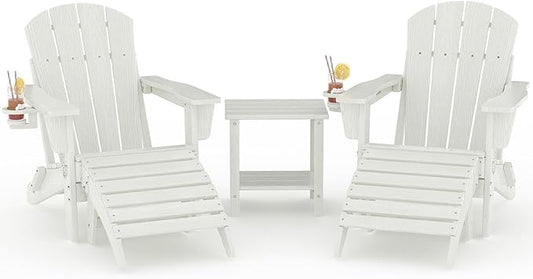 Folding Adirondack Chair Set of 5, All-Weather HDPE Outdoor Chair, Wooden Textured with Cup Holder for patios, Decks, Gardens, fire pits, White