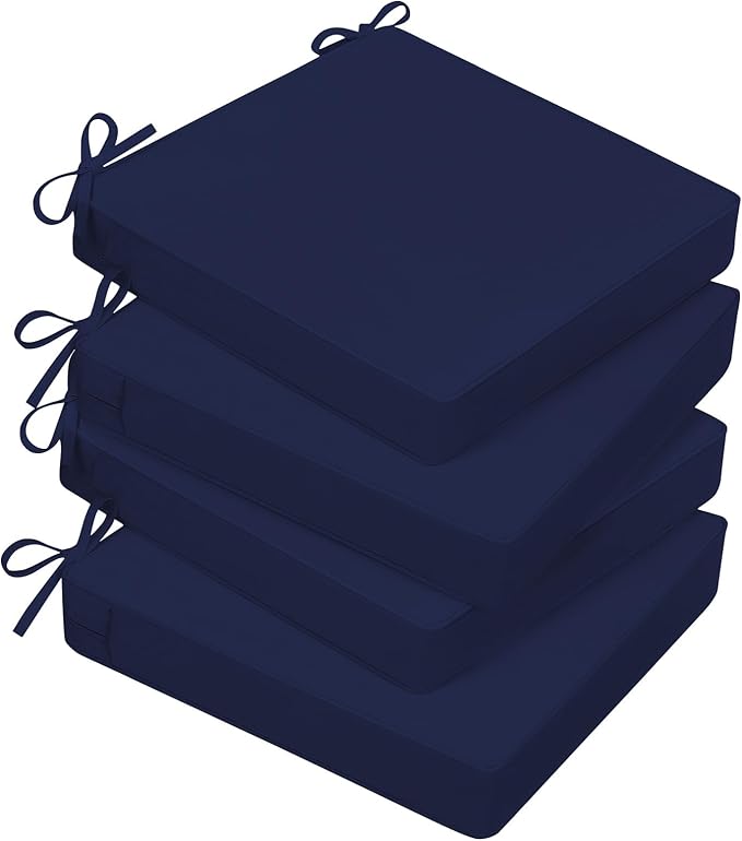 Basic Beyond Outdoor Chair Cushions for Patio Furniture, Waterproof Outdoor Seat Cushions Set of 4 19 x 19, Patio Chair Cushions Set of 4 with Ties and Handle, Navy Blue