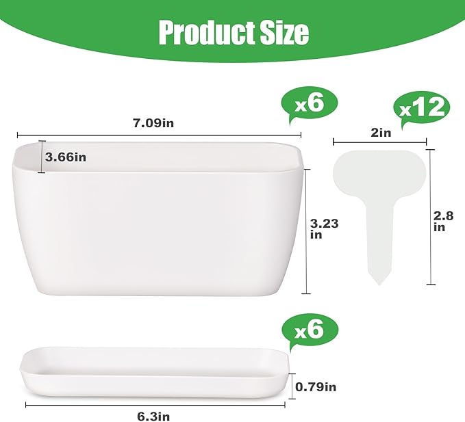 Herb Garden Planter Set, Plastic Plant Pots with Drainage and Saucer, Indoor Succulent Cactus Vegetable Pot for Windowsill, Garden Balcony, Green, Set of 6