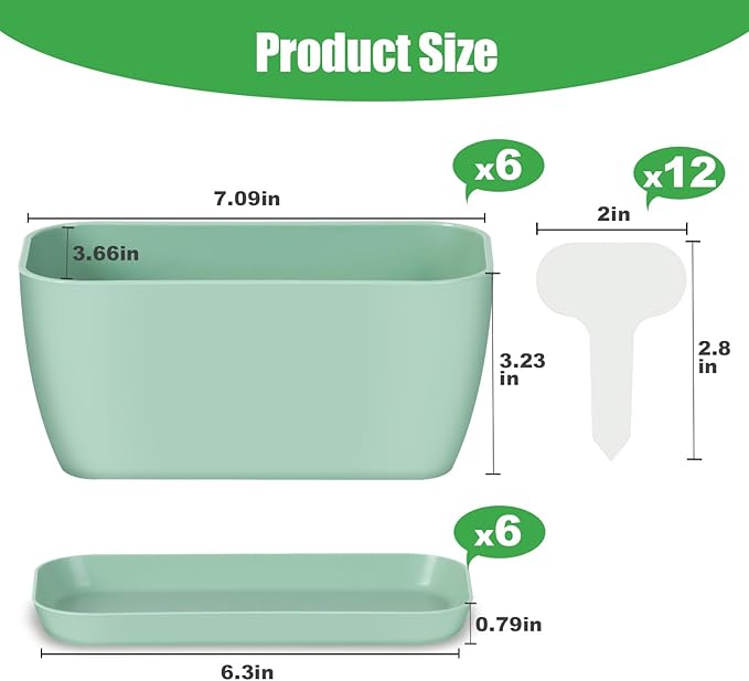 Herb Garden Planter Set, Plastic Plant Pots with Drainage and Saucer, Indoor Succulent Cactus Vegetable Pot for Windowsill, Garden Balcony, Green, Set of 6