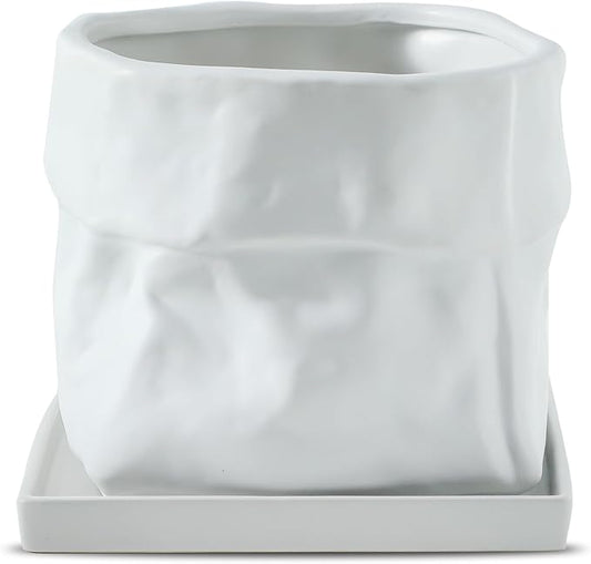 Nihow Ceramic Plant Pot: 8 Inch Planter with Drainage Hole & Square Saucer for Herbs/Plants, Bag Shape Design Flower Pot for Indoor & Outdoor Garden Decor - White
