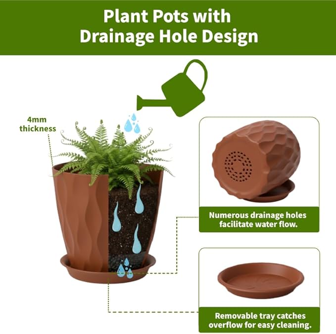 Plant Pots 8 Inch, 6 Pack Plastic Flower Pots for Indoor & Outdoor Plants, Planters with Drainage Holes and Saucer, Garden Pot for Plants (Multicolor)