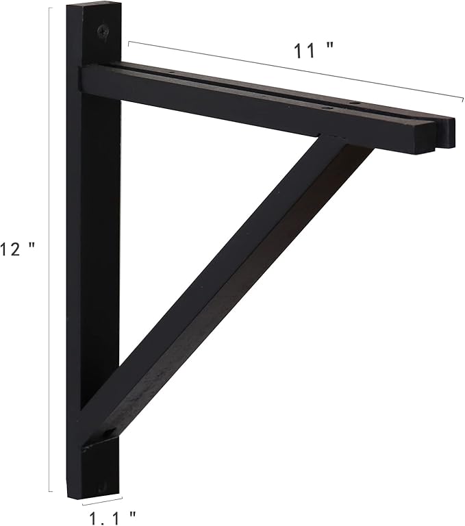 PRIADE Wall Mounted Wood Bracket for Hanging Sconce Pendant Lamp Kits, Planters, Lanterns, Wind Chimes, 12 Inch Floating Shelves Bracket, Set of 2 (Black)