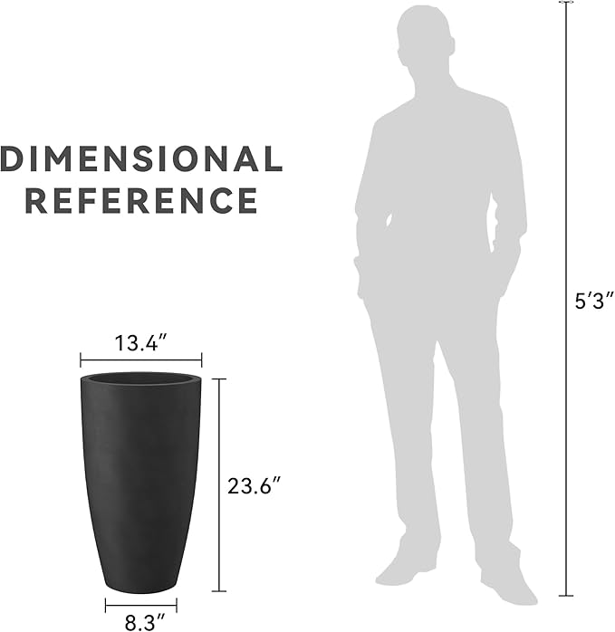 Kante 23.6" H Black Tall Planters (Set of 2), Large Outdoor Indoor Decorative Plant Pots with Drainage Hole and Rubber Plug, Modern Style for Home and Garden