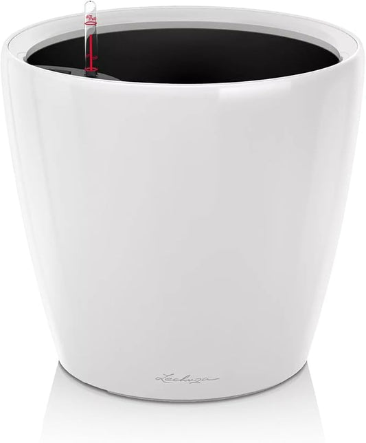 Lechuza Self Watering Plant Pot Classico 21 LS Garden Flower Indoor Outdoor Small Table Plastic Planter with Drainage Hole D21 H20 cm White High-Gloss