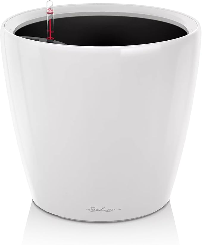 Lechuza Classico LS 43 White High Gloss, Self-Watering Round Planter, D16.9 H15.7 in