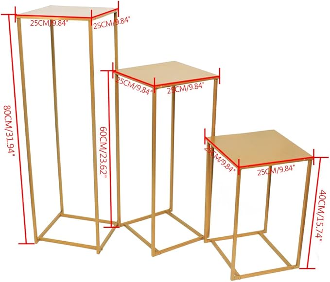 Set of 3 Metal Plant Stand Golden Nesting Display End Table Tall Pedestal Stand Indoor Outdoor Flower Pot Holder Stand Plant Square Display Rack Set for Wedding Garden Patio Terrace