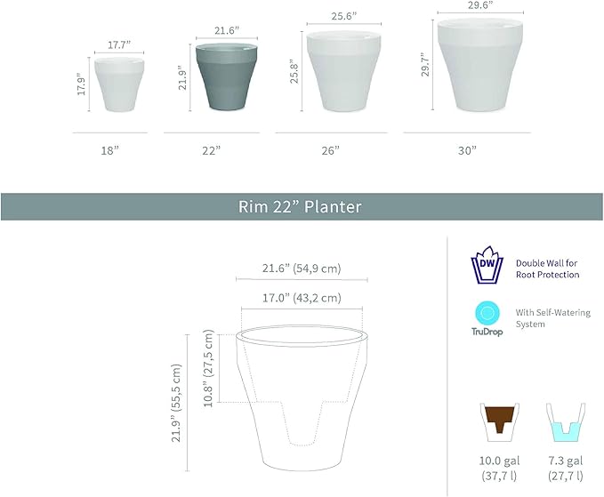 Crescent Garden TruDrop Rim Modern Self Watering Planter with Water Level Indicator, Indoor/Outdoor Weather-Safe Round Plant Pot, Grow Healthy Plants & Flowers - 22" W (Currant)