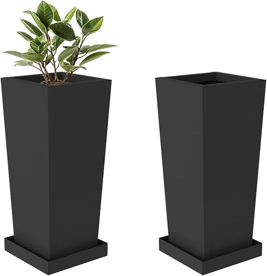 Tall Planters 18" H - 2 Pack, Tapered Pots with Drainage Insert Shelve & Trays, Metal Outdoor Planter Box for Porch, Garden, Patio, Yard (Black)
