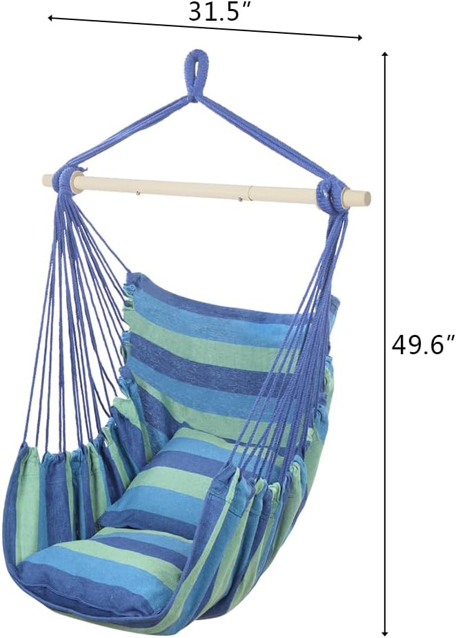 ONCLOUD Hammock Chair Hanging Rope Swing, Load Capacity Up to 550 LBS Macrame Hammock Swing Seat with Two Cushions, Hammock Seats with Portable Steel Spreader Bar for Indoor/Outdoor, Blue Green Stripe