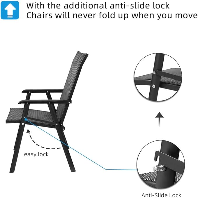 VINGLI Upgraded Version Set of 2 Folding Chairs with Arms, Portable Patio Chairs for Outdoor & Indoor, Sling Back Chairs for Lawn, Pool, Courtyard, Balcony & Garden (Black)