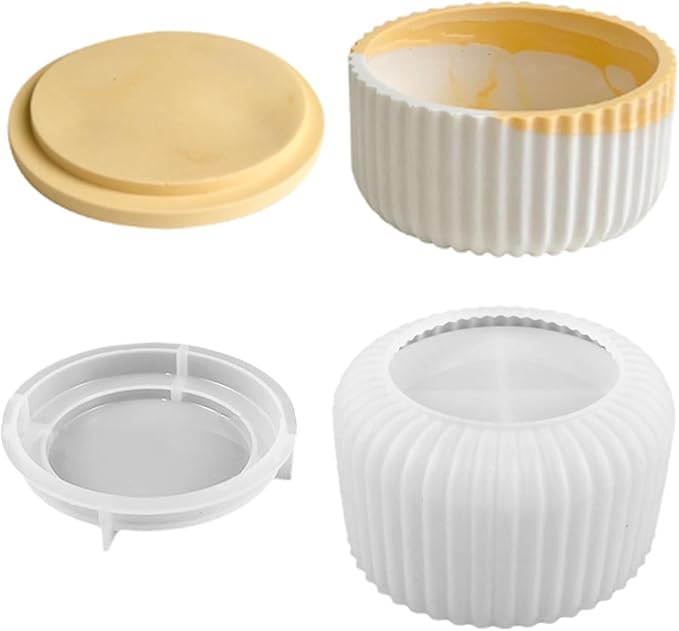 Storage Box With Lids, Silicone Candle Jar Molds Set, Creative Vessels Pot Molds, Concrete Round Stripe With Cover Bottle Making Moulds for Holder Storage (C)