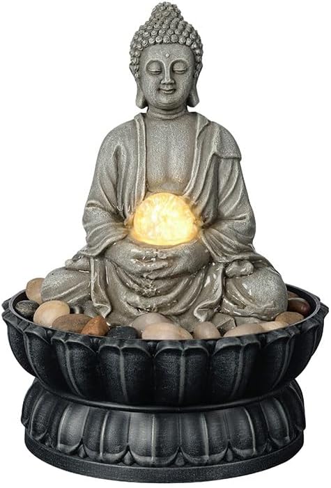 Kalona Tabletop Buddha Waterfall Fountain, Meditating Buddha Zen Fountain with LED Glass Orb, Relaxing Desk Water Feature for Home Office Decor(21127B)