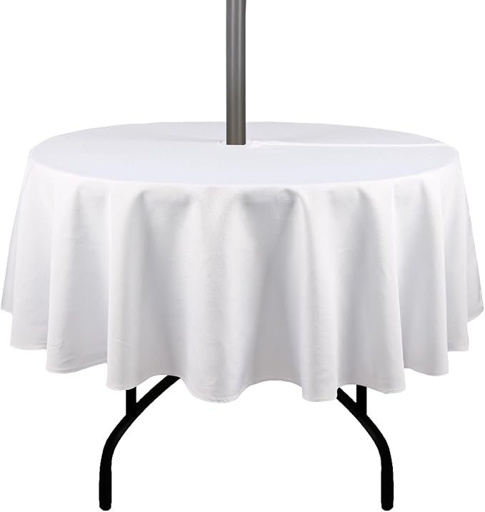Outdoor Tablecloth Wrinkle-Free Stain Resistant Waterproof Polyester Fabric Table Cover with Zipper Umbrella Hole for Picnic/Party/Dinner/Patio Garden(70inch Round,Zippered,White)