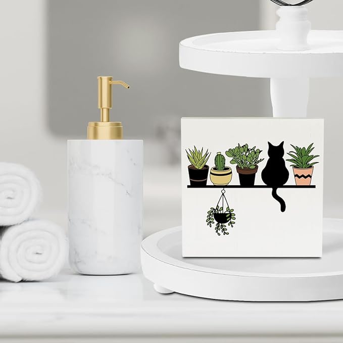 Cats and Plants Lover Gift, Gardening Gifts for Women Rustic Garden Decor Wooden Box Sign Block Plaque Gardener Planter Plant Lover Gifts for Home Farmhouse Garden Bedroom Decor