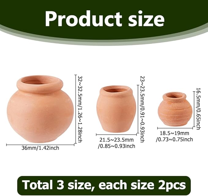 6Pcs Mini Terracotta Pots 3 Styles Small Dark Salmon Simulated Clay Planters 0.73-1.42 Inch Tiny Pots Miniature Crafts for Succulent Plants Fairy Gardens Home Deco
